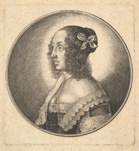 Vrouw met donker haar en een strik in profiel naar links door Wenceslaus Hollar