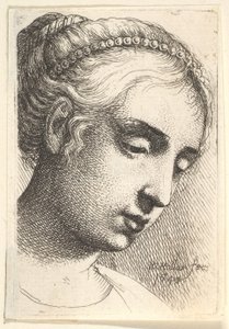 Vrouw met parelsnoer in haar haar kijkt naar beneden naar rechts door Wenceslaus Hollar