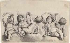 Drie cherubijnen en twee jongens die elk een arm omhoog steken op wolken