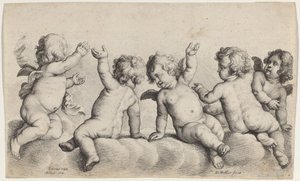 Drie cherubijnen en twee jongens op wolken