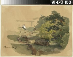 Landschaft mit Schindelkorb und sitzender Frau