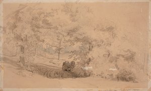 Boslandschap met paard en wagen ; Boslandschap, vissende man op een brug over een beek (dubbelzijdig werk) door Werner Holmberg