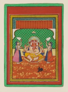 Zittende Ganesha met begeleiders
