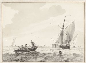 Golvend water met een roeiboot bij een boei door Wigerus Vitringa