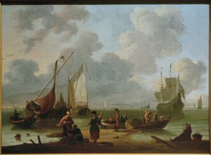 Schepen lossen op het strand