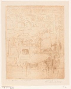 Badende en biddende mannen en vrouwen aan de oever van de Ganges in Benares door Wijnand Otto Jan Nieuwenkamp (signed by artist)