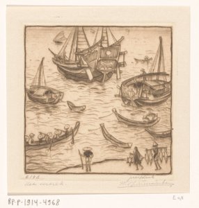 Schepen in een baai aan de oostkust van Lombok door Wijnand Otto Jan Nieuwenkamp (signed by artist)