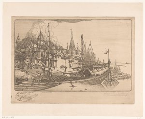 Schip met brandhout aan de oever van de Ganges in Benares door Wijnand Otto Jan Nieuwenkamp (signed by artist)
