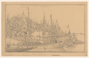 Rivieroever met schepen te Benares door Wijnand Otto Jan Nieuwenkamp