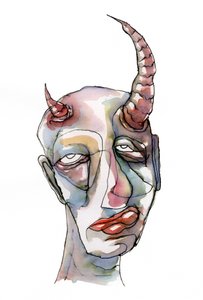 Aquarel: Gezicht met hoorns