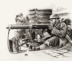 Britse mitrailleurschutter wacht op de Duitsers buiten Duinkerken (gouache op papier) door Wilf (20th century) Hardy