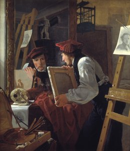 Een jonge kunstenaar (Ditlev Blunck) bekijkt een schets in een spiegel