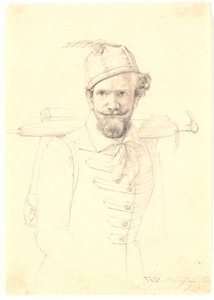 Zelfportret met rugzak door Wilhelm Bendz