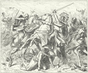 De rebellenhertog Rudolf van Zwaben dodelijk gewond in de Slag bij de Elster door Wilhelm Camphausen