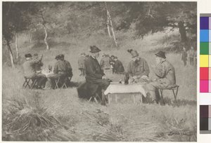 Jachtpartij - Keizer Franz Joseph aan tafel met prins Leopold van Beieren en groothertog Ferdinand IV van Toscane door Wilhelm Gause