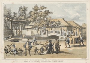 Brug van gehouwen steen en ingang van een tempel, Simoda, 1855