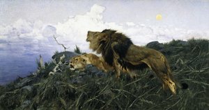 Leeuwen bij schemering door Wilhelm Kuhnert