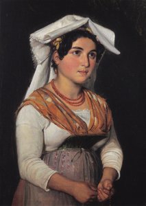 Een jonge, staande Italiaanse vrouw met een rozenkrans in haar hand