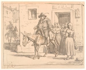 Don Quichot en Sancho Panza verlaten de herberg
