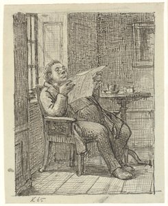 Een dikke krantlezende heer met zijn koffie door Wilhelm Marstrand