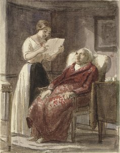 Een jong meisje leest een brief voor aan een oude man in een rode kamerjas door Wilhelm Marstrand