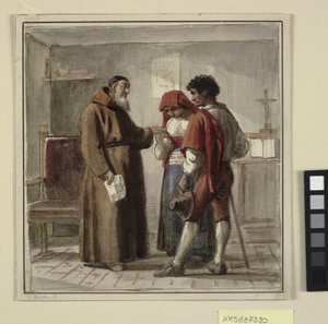 Een jong boerenpaar bij een monnik in zijn cel door Wilhelm Marstrand