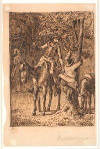 Voor het gevecht met de spiegelridder helpt Don Quichot Sancho Panza in een boom door Wilhelm Marstrand