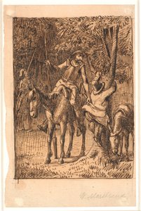 Voor het gevecht met de spiegelridder helpt Don Quichot Sancho Panza in een boom door Wilhelm Marstrand