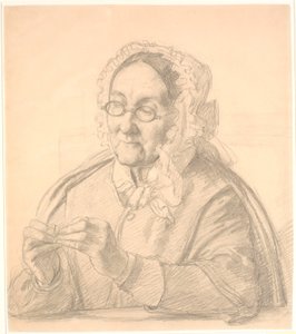 Oude dame die een naald inrijgt door Wilhelm Marstrand