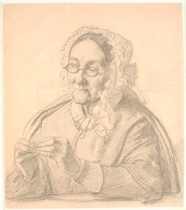 Oude dame die een naald inrijgt door Wilhelm Marstrand