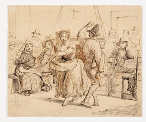 Interieur van een taverne met een dansend paar
