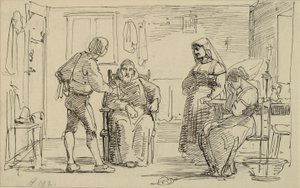 Interieur waar een jonge man iets uitlegt aan een zittende monnik, rechts huilend meisje en oude vrouw door Wilhelm Marstrand