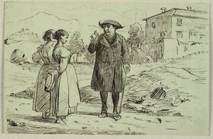 Italiaans tafereel met twee vrouwen en een pater