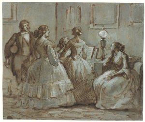 Kopenhaagse gezelschapsscene, er wordt muziek gemaakt door Wilhelm Marstrand