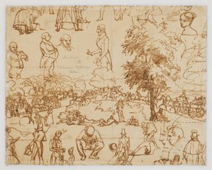 Landschaft mit Pferdewagen und zahlreichen Figurenskizzen door Wilhelm Marstrand