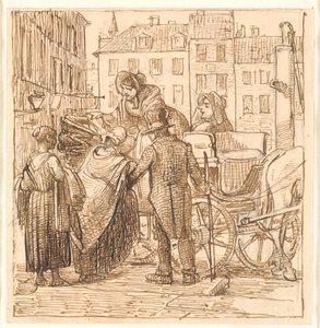 Dames stappen in een koets op Hanserplein door Wilhelm Marstrand