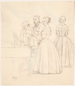 Mannenduet met pianobegeleiding; daarnaast twee dames door Wilhelm Marstrand