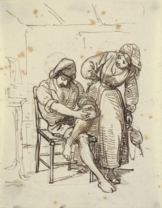 Meisje kijkt naar een jonge visser die op een stoel zit door Wilhelm Marstrand