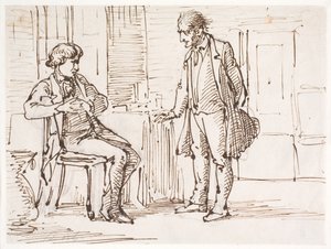 Gesprek tussen een zittende jongere en een staande oudere man door Wilhelm Marstrand