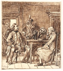 Scène uit de kraamkamer. Corfitz drinkt Rijnwijn met de officier en Jens Olsen