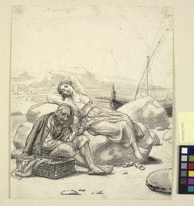 Slapend meisje en oude visser op het strand