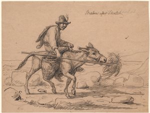 Streven naar het ideaal. Italiaanse ezelrijder drijft het dier voort door een bos hooi op een stok voor zijn neus te houden door Wilhelm Marstrand