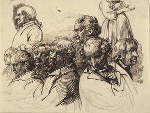 Studieblad met acht mannenhoofden en een vrouw zonder hoofd