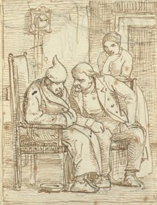 Twee mannen in gesprek, de oude links met een slaapmuts. Ook een vrouw door Wilhelm Marstrand