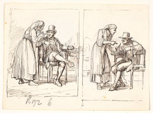 Twee scènes met een Italiaanse vrouw die met een oudere man praat door Wilhelm Marstrand