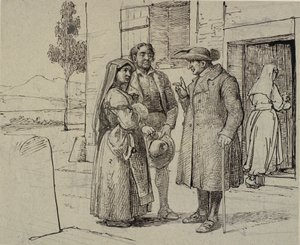Buiten een huis berispt een priester een jong echtpaar door Wilhelm Marstrand