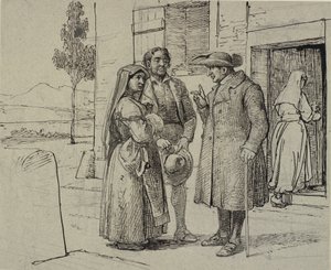 Buiten een huis berispt een priester een jong echtpaar door Wilhelm Marstrand