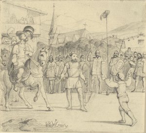 Wilhelm Tell heeft de appel van het hoofd van zijn zoon geschoten