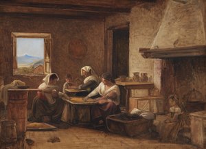 Vrouwen werken in de keuken van een boerderij nabij Olevano, Italië door Wilhelm Marstrand