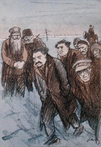 Karikatuur van Leon Trotski (1879-1940) in Siberië, uit het tijdschrift 
